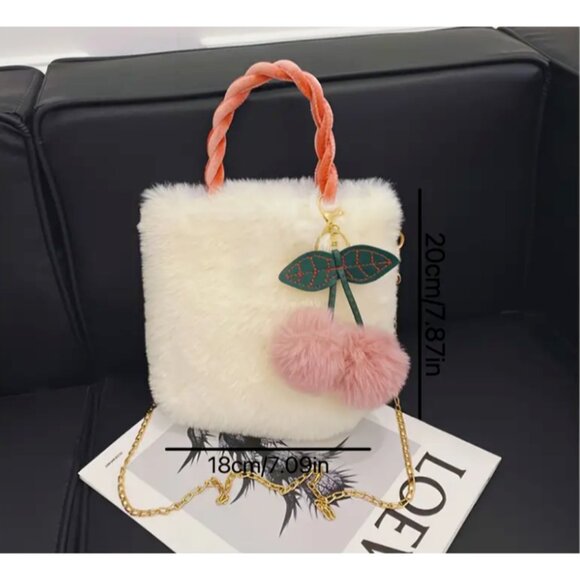 Plush BLACK Fur Bucket Bag Two PINK Pom Pom CHERRIES Fall School Trendy - Picture 3 of 12